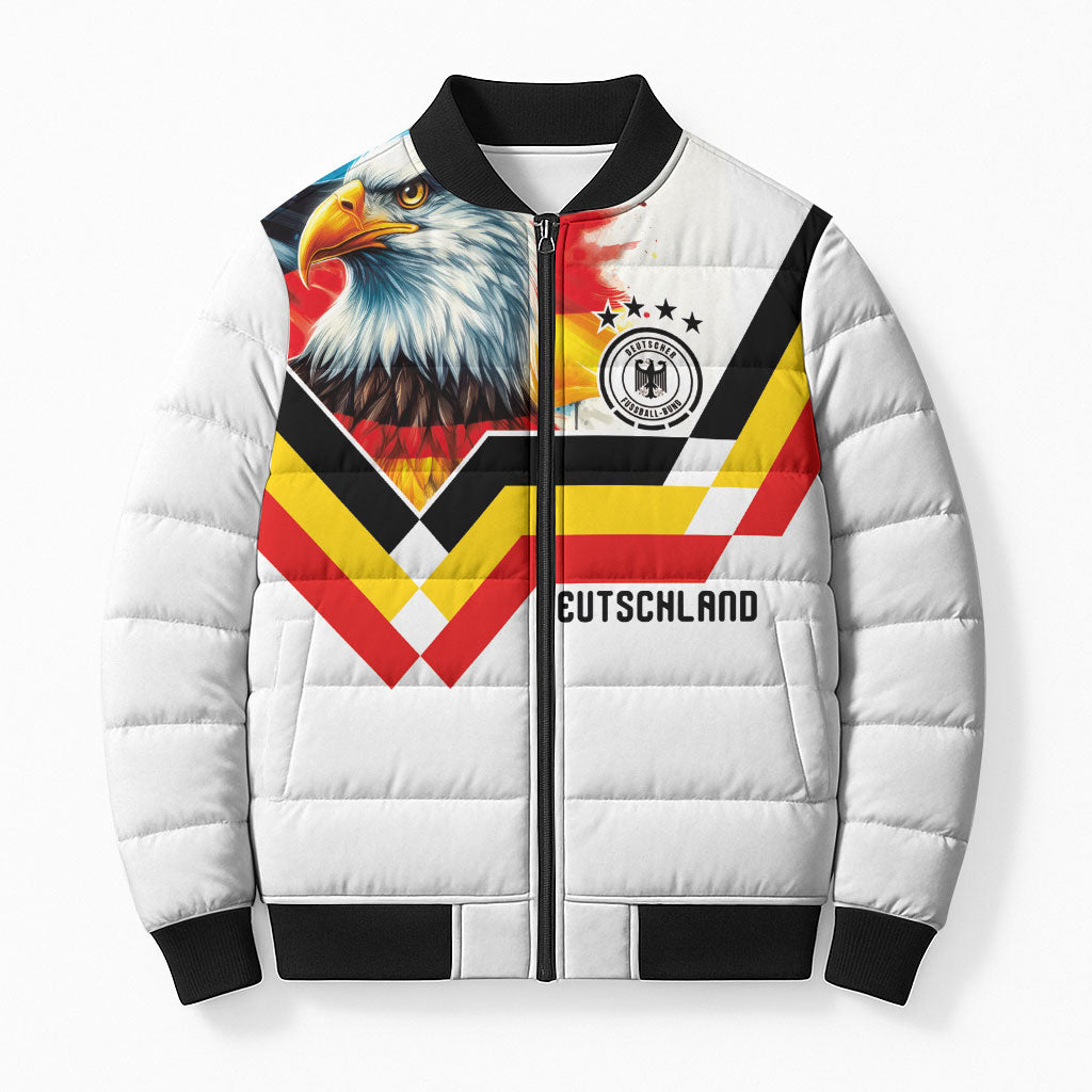 Custom Germany National Football Bomber Puffer Jacket Deutschland Eagle Watercolor Splash Geometric Flag Stripe Pattern Art