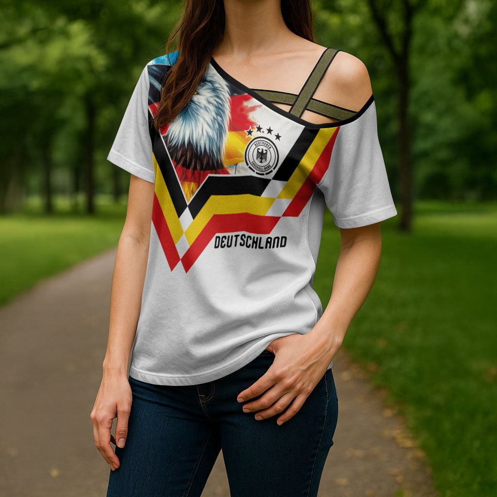 Custom Germany National Football Cross Shoulder Shirt Deutschland Eagle Watercolor Splash Geometric Flag Stripe Pattern Art