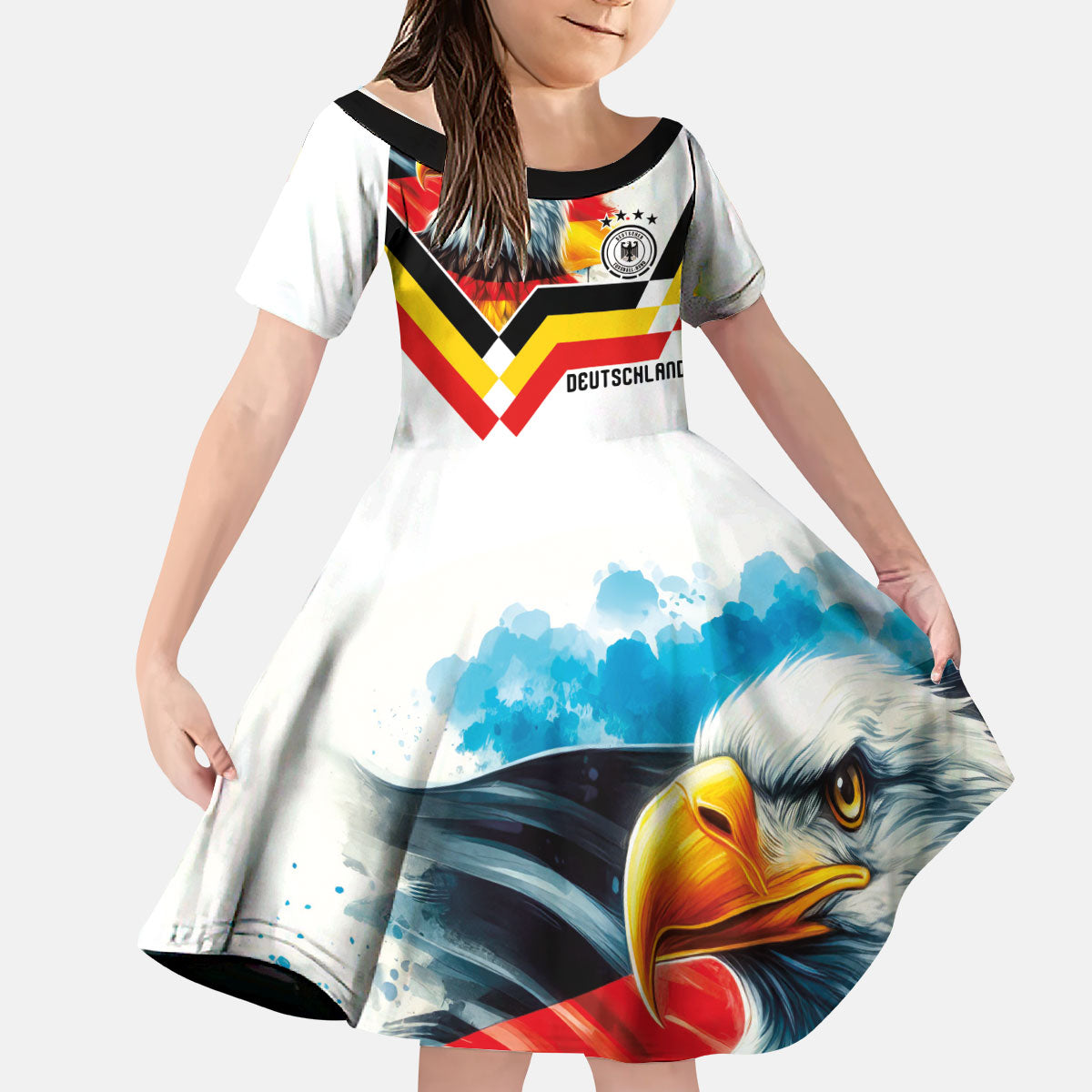 Custom Germany National Football Kid Short Sleeve Dress Deutschland Eagle Watercolor Splash Geometric Flag Stripe Pattern Art