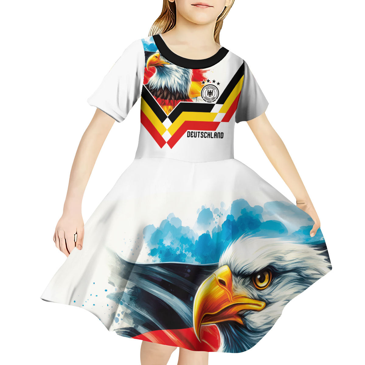 Custom Germany National Football Kid Short Sleeve Dress Deutschland Eagle Watercolor Splash Geometric Flag Stripe Pattern Art