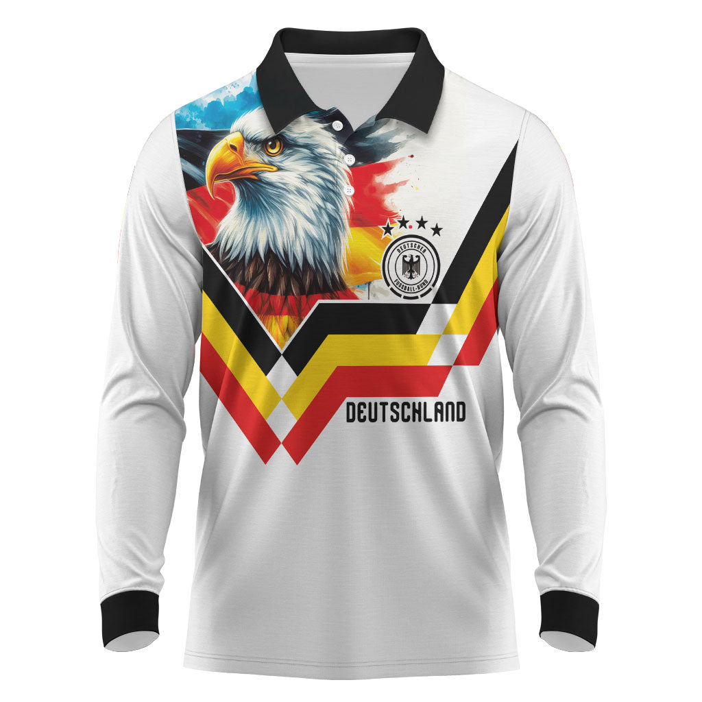 Custom Germany National Football Long Sleeve Polo Shirt Deutschland Eagle Watercolor Splash Geometric Flag Stripe Pattern Art