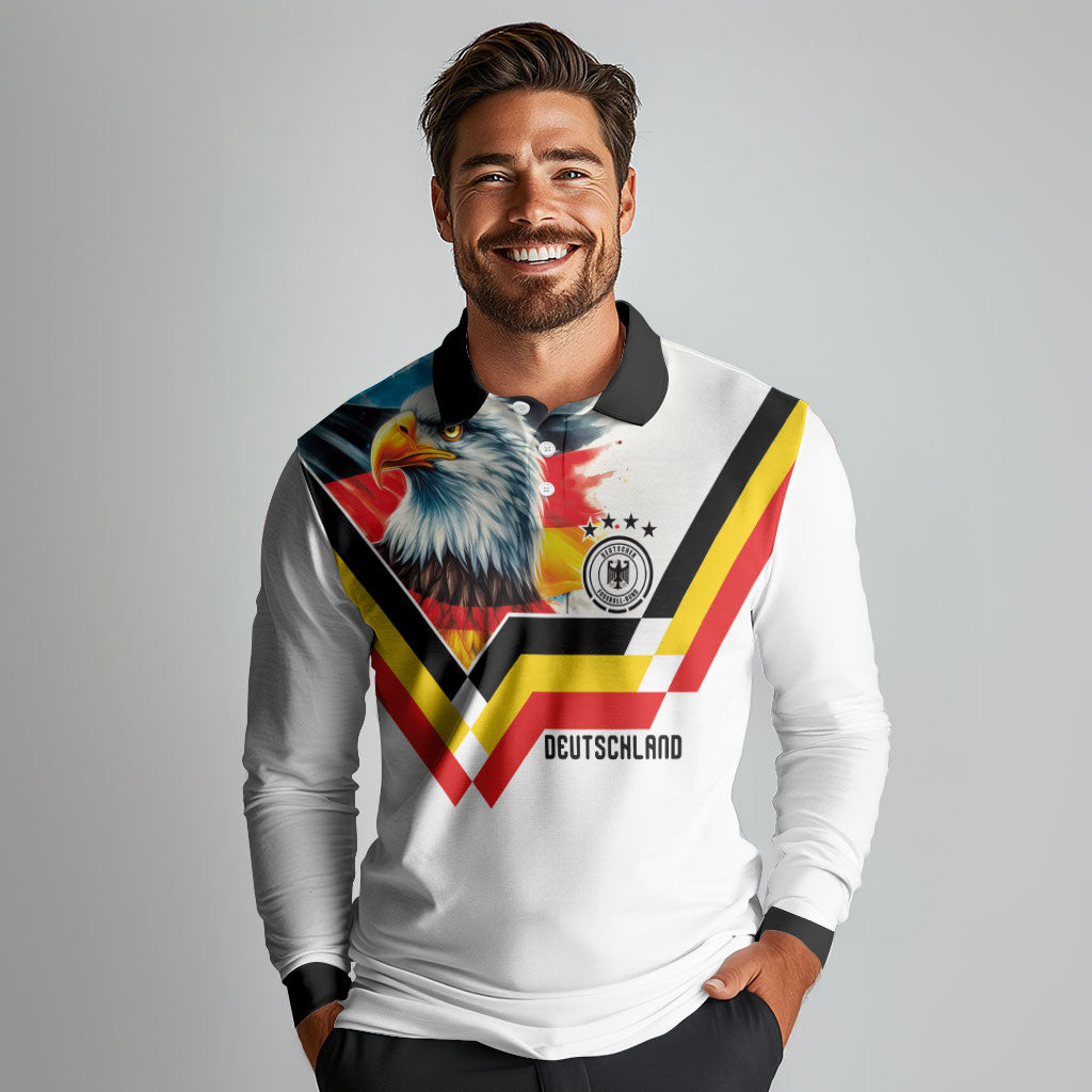 Custom Germany National Football Long Sleeve Polo Shirt Deutschland Eagle Watercolor Splash Geometric Flag Stripe Pattern Art