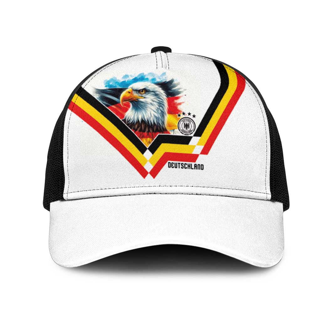 Germany National Football Mesh Trucker Cap Deutschland Eagle Watercolor Splash Geometric Flag Stripe Pattern Art