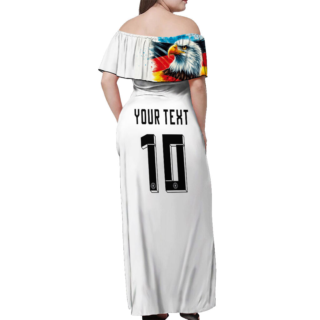Custom Germany National Football Off Shoulder Maxi Dress Deutschland Eagle Watercolor Splash Geometric Flag Stripe Pattern Art