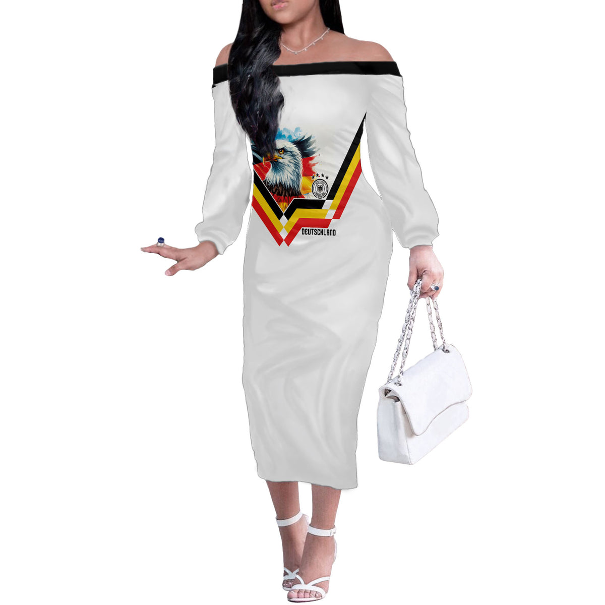 Custom Germany National Football Off The Shoulder Long Sleeve Dress Deutschland Eagle Watercolor Splash Geometric Flag Stripe Pattern Art