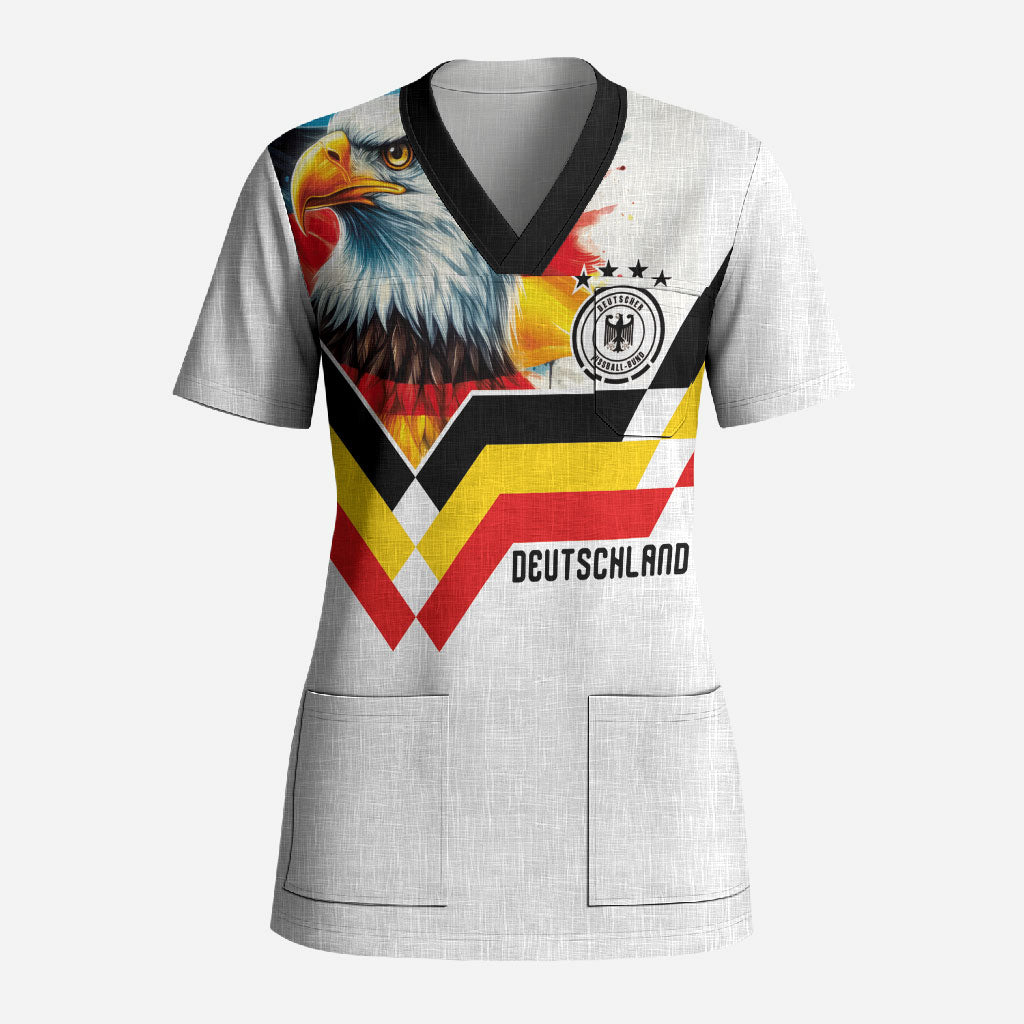 Custom Germany National Football Scrub Top Deutschland Eagle Watercolor Splash Geometric Flag Stripe Pattern Art