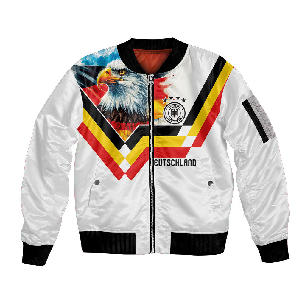 Custom Germany National Football Sleeve Zip Bomber Jacket Deutschland Eagle Watercolor Splash Geometric Flag Stripe Pattern Art