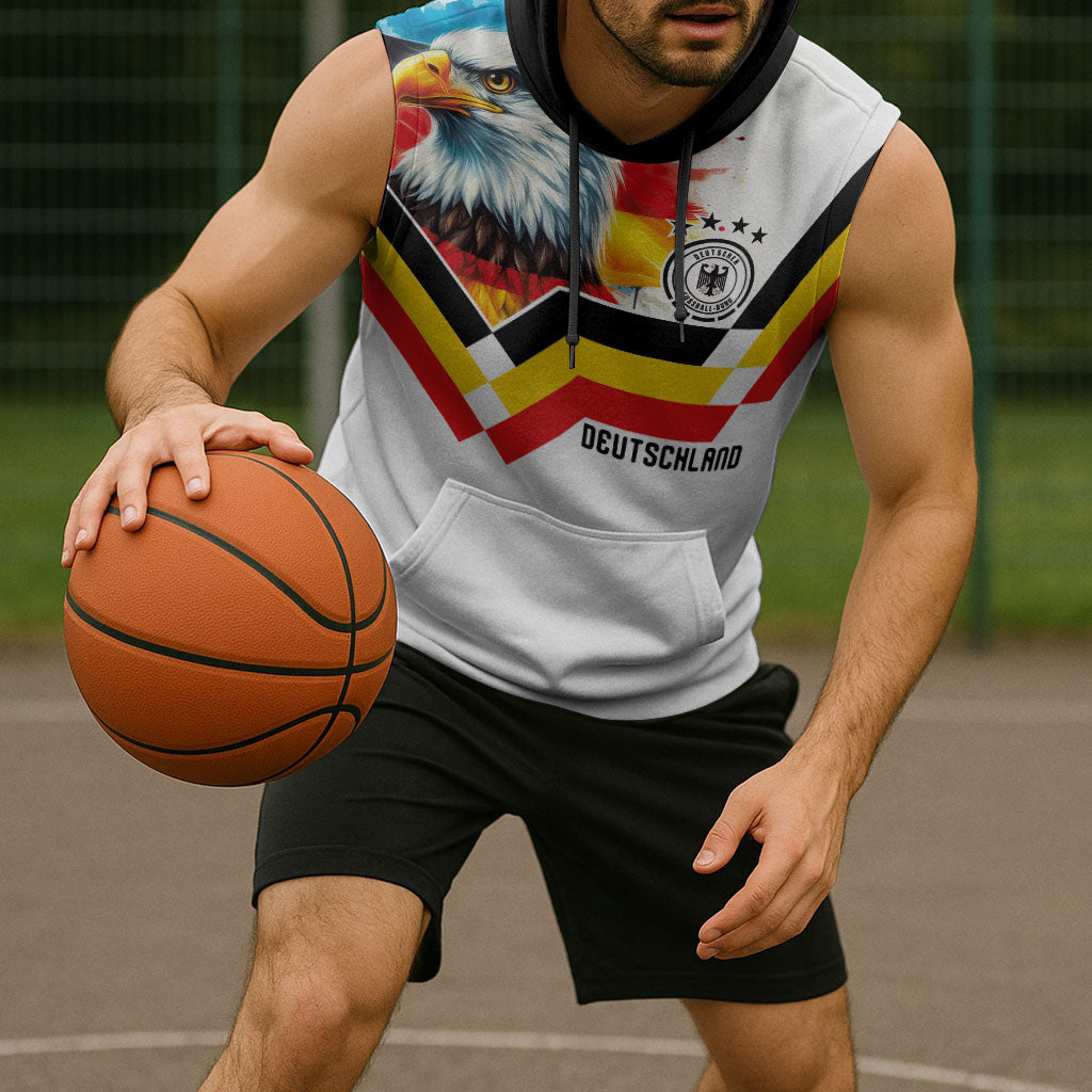 Custom Germany National Football Sleeveless Hoodie Deutschland Eagle Watercolor Splash Geometric Flag Stripe Pattern Art
