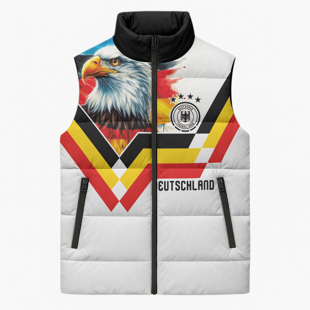 Custom Germany National Football Sleeveless Puffer Jacket Deutschland Eagle Watercolor Splash Geometric Flag Stripe Pattern Art