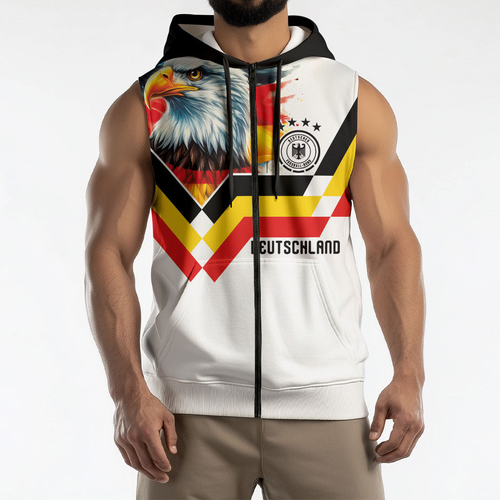 Custom Germany National Football Sleeveless Zip Hoodie Deutschland Eagle Watercolor Splash Geometric Flag Stripe Pattern Art