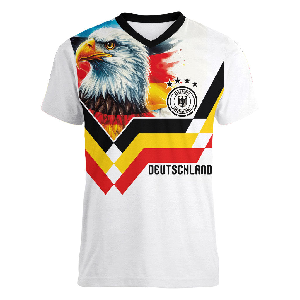 Custom Germany National Football Women V-Neck T-Shirt Deutschland Eagle Watercolor Splash Geometric Flag Stripe Pattern Art