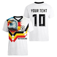 Custom Germany National Football Women V-Neck T-Shirt Deutschland Eagle Watercolor Splash Geometric Flag Stripe Pattern Art