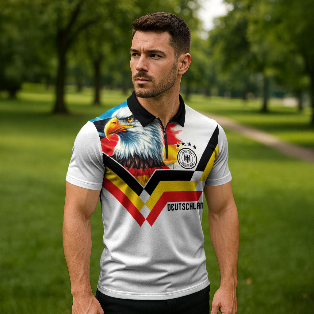 Custom Germany National Football Zipper Polo Shirt Deutschland Eagle Watercolor Splash Geometric Flag Stripe Pattern Art