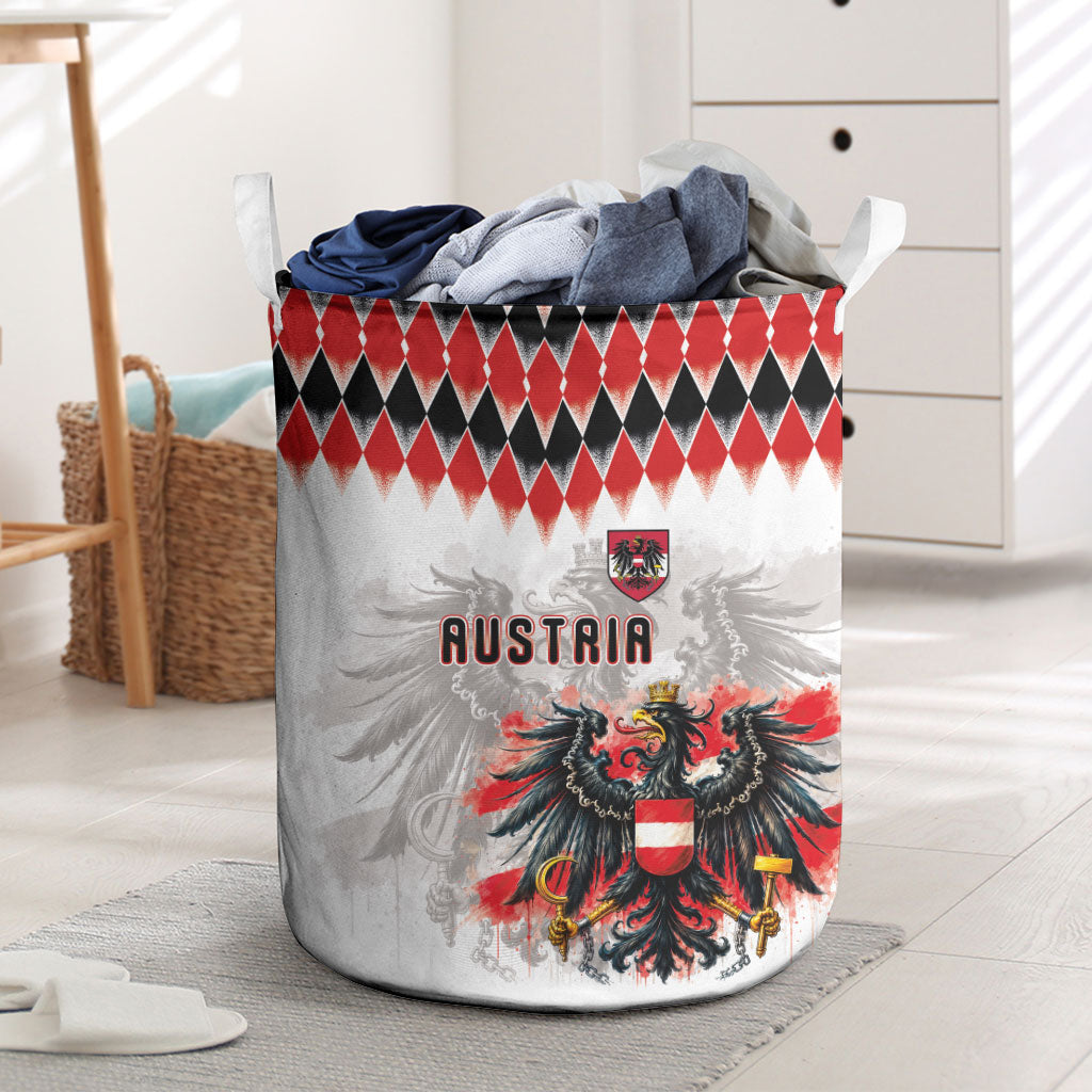 Austria National Football Laundry Basket Argyle Diamond Pattern with Eagle Watercolor Paint Splash Graphic Art