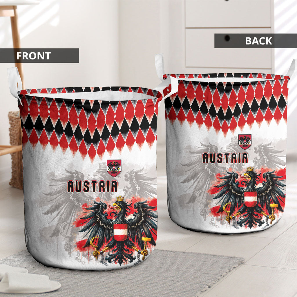 Austria National Football Laundry Basket Argyle Diamond Pattern with Eagle Watercolor Paint Splash Graphic Art
