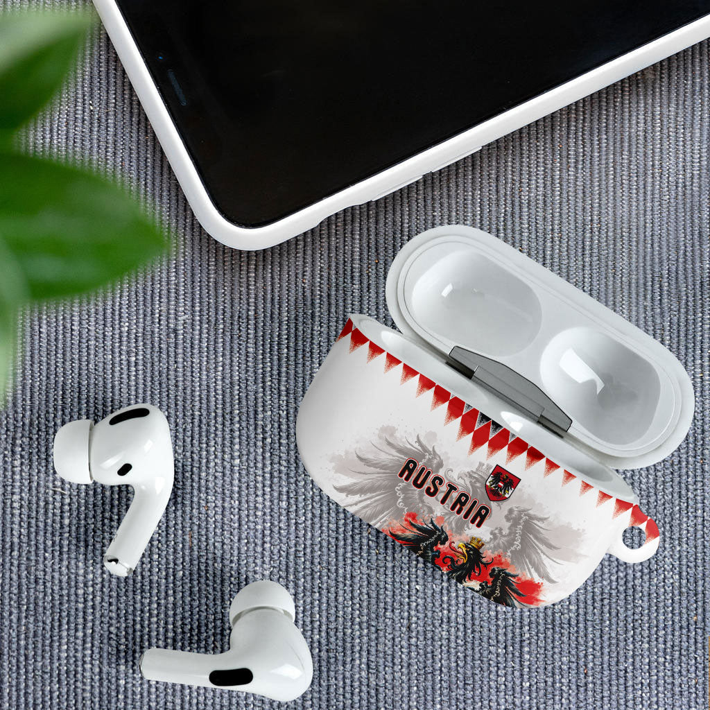 Austria National Football AirPods Case Argyle Diamond Pattern with Eagle Watercolor Paint Splash Graphic Art