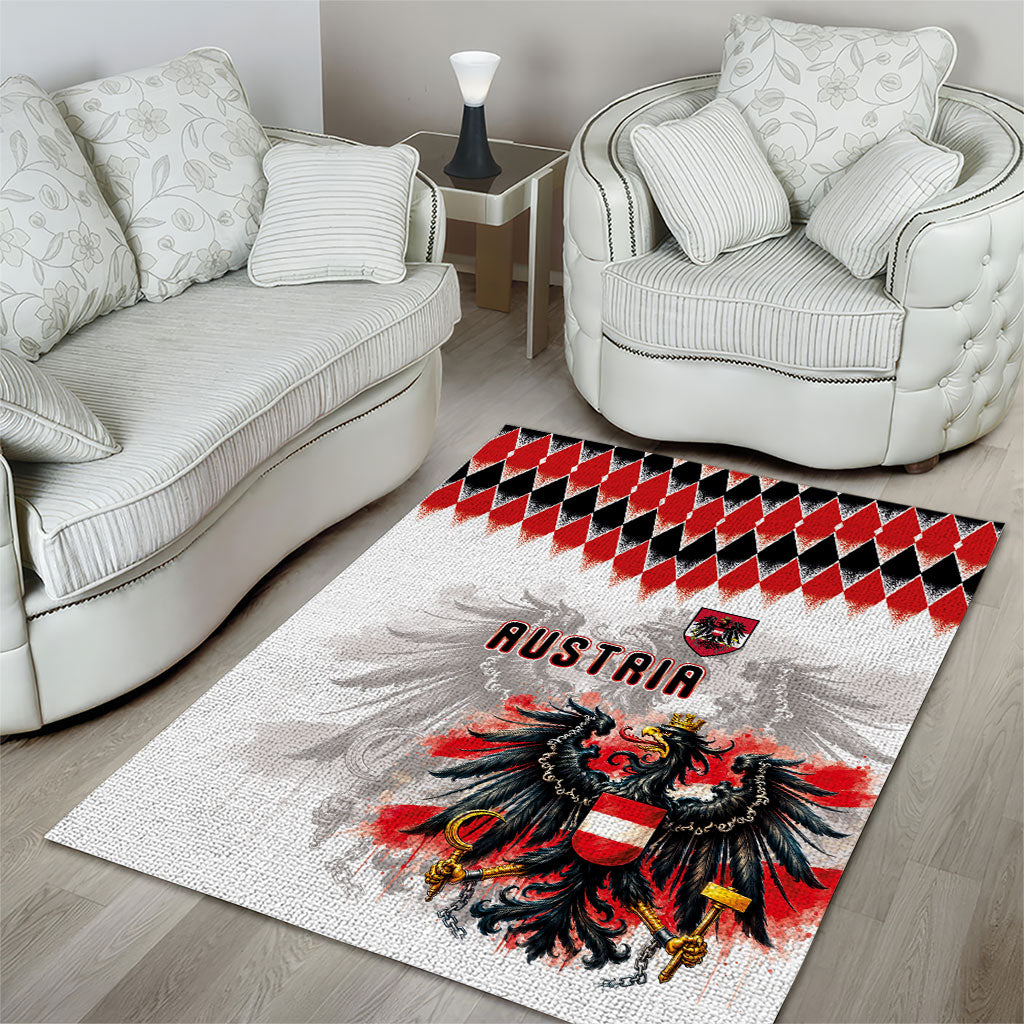 Austria National Football Area Rug Argyle Diamond Pattern with Eagle Watercolor Paint Splash Graphic Art