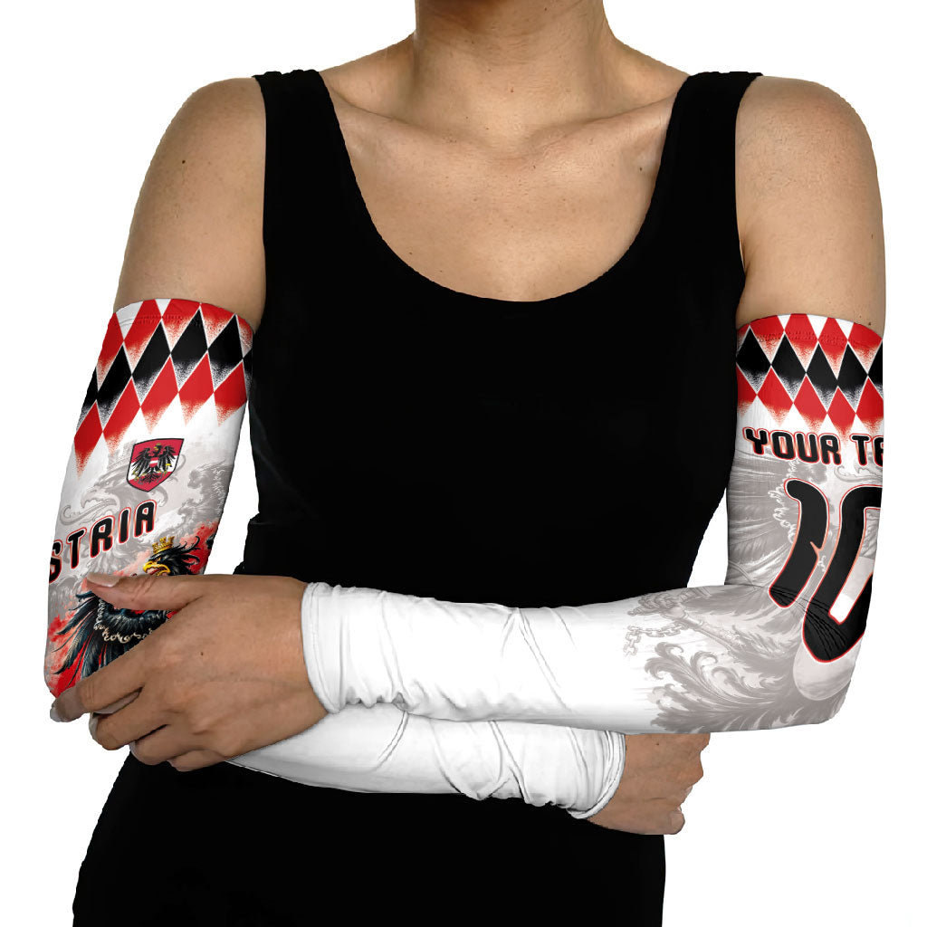 Custom Austria National Football Arm Sleeves Argyle Diamond Pattern with Eagle Watercolor Paint Splash Graphic Art