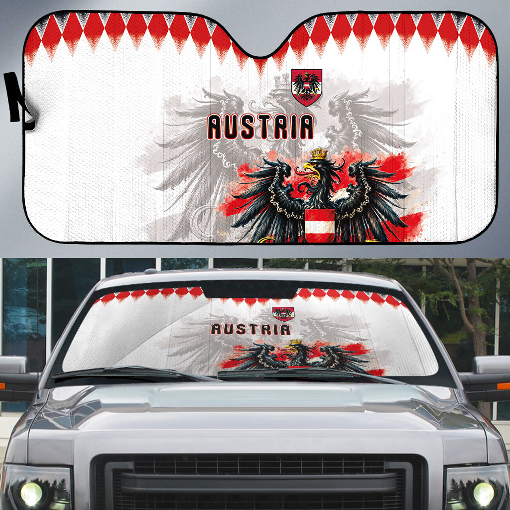 Austria National Football Auto Sun Shade Argyle Diamond Pattern with Eagle Watercolor Paint Splash Graphic Art