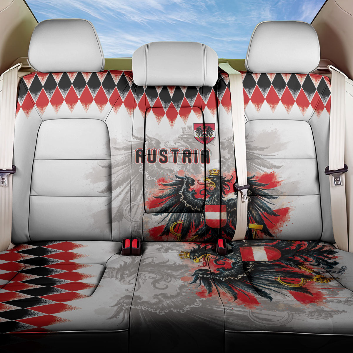 Austria National Football Back Car Seat Cover Argyle Diamond Pattern with Eagle Watercolor Paint Splash Graphic Art
