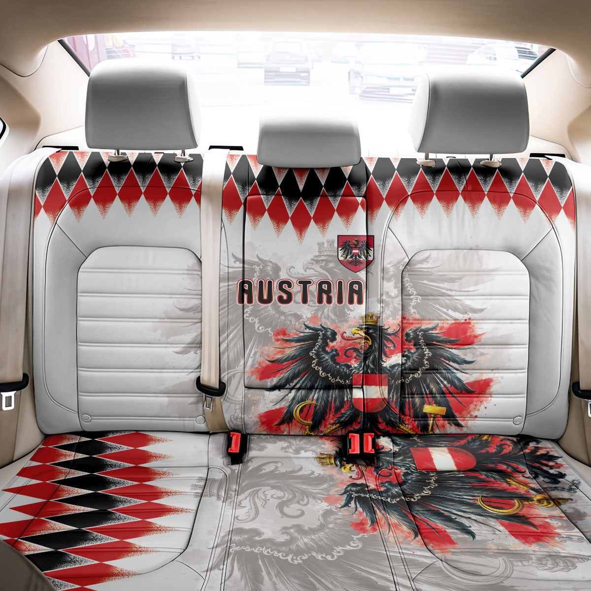 Austria National Football Back Car Seat Cover Argyle Diamond Pattern with Eagle Watercolor Paint Splash Graphic Art