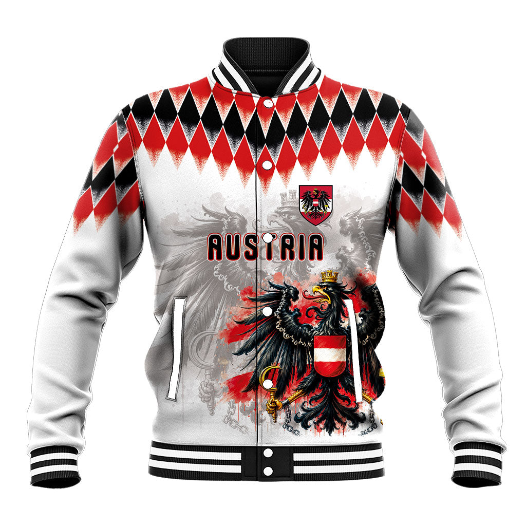 Custom Austria National Football Baseball Jacket Argyle Diamond Pattern with Eagle Watercolor Paint Splash Graphic Art