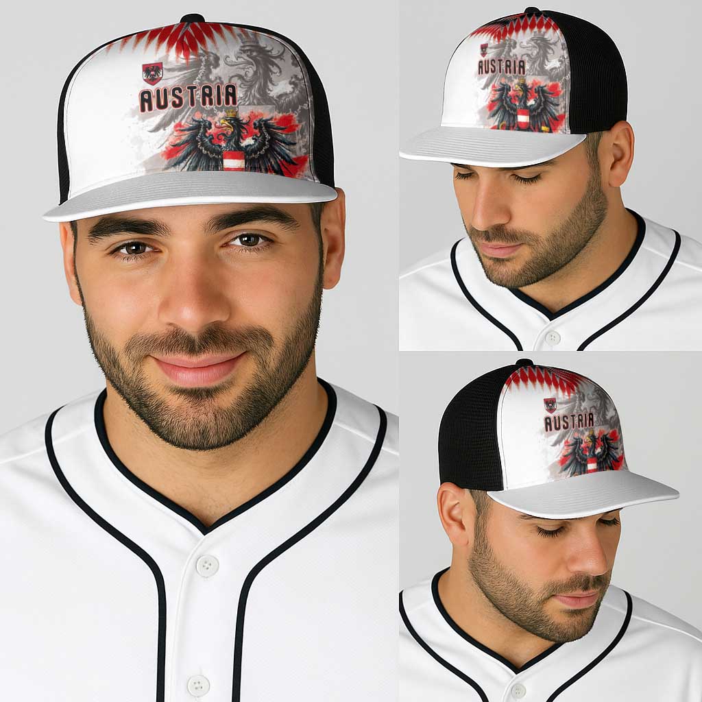 Austria National Football Baseball Net Cap Argyle Diamond Pattern with Eagle Watercolor Paint Splash Graphic Art