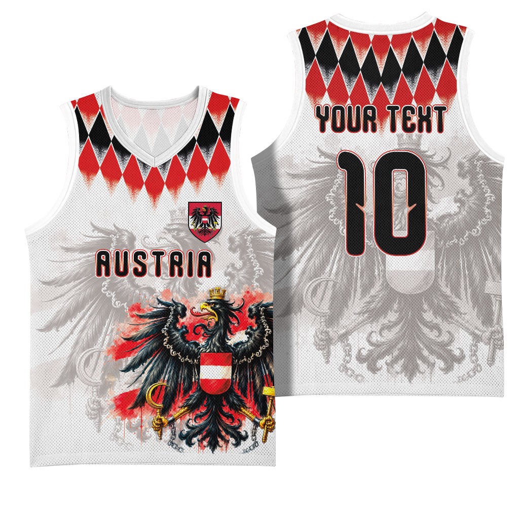 Custom Austria National Football Basketball Jersey Argyle Diamond Pattern with Eagle Watercolor Paint Splash Graphic Art