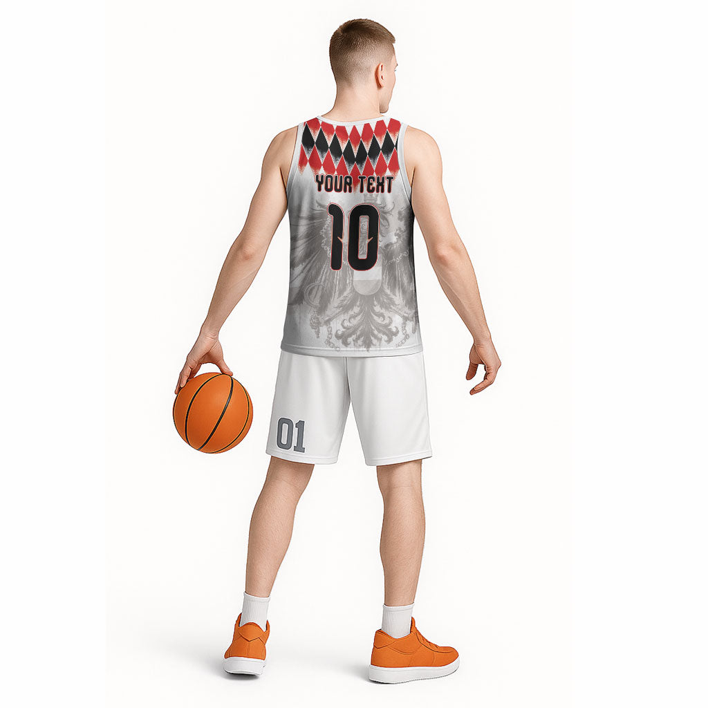 Custom Austria National Football Basketball Jersey Argyle Diamond Pattern with Eagle Watercolor Paint Splash Graphic Art