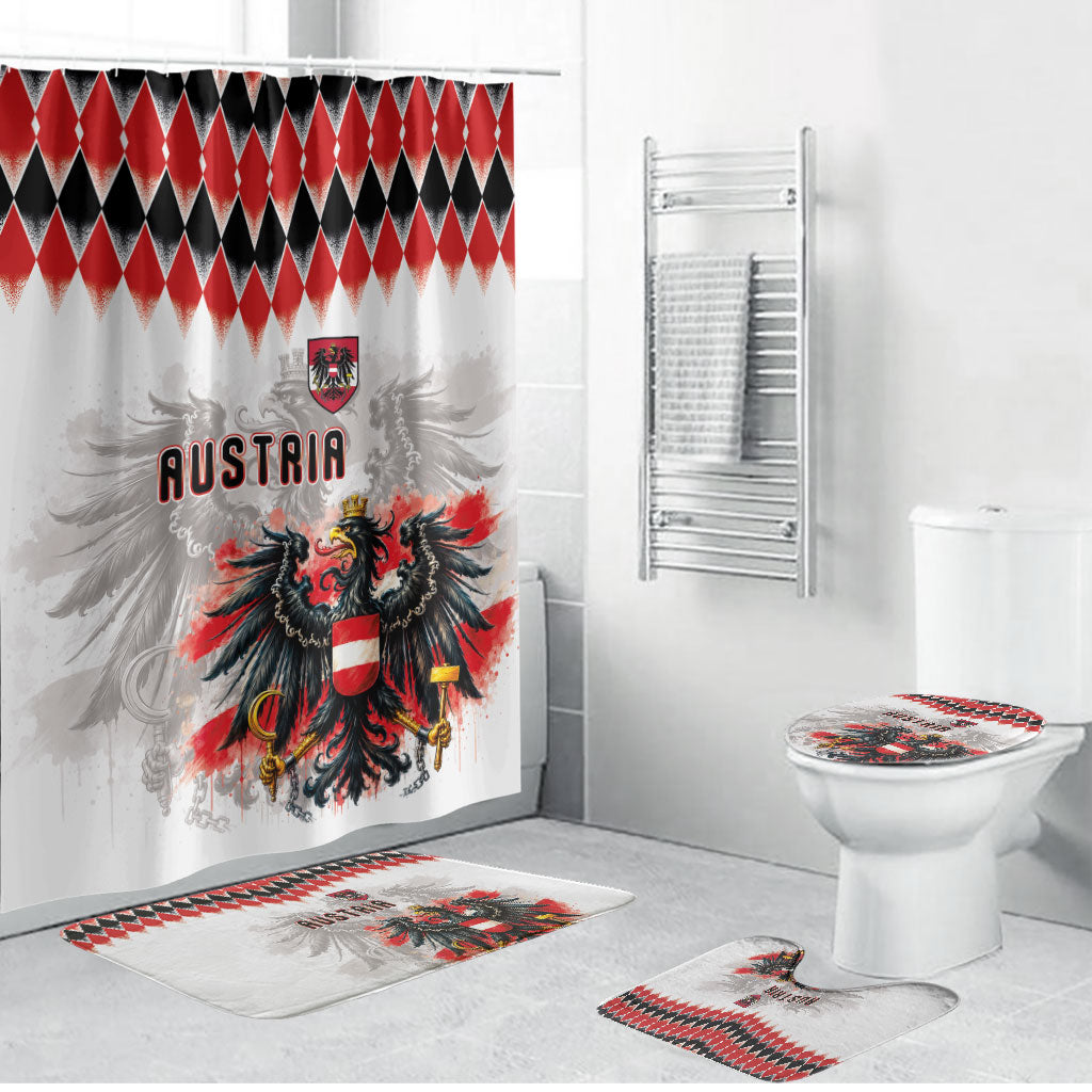 Austria National Football Bathroom Set Argyle Diamond Pattern with Eagle Watercolor Paint Splash Graphic Art