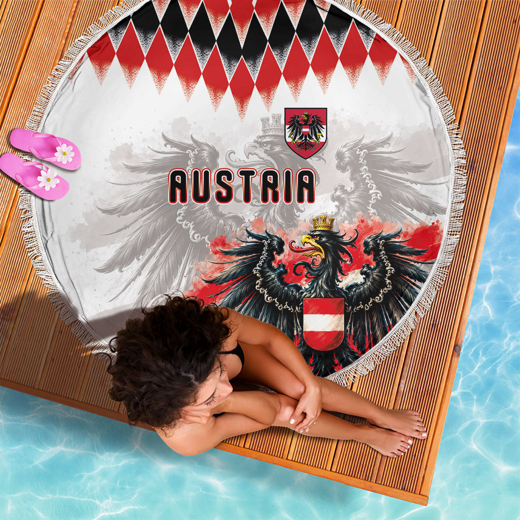 Austria National Football Beach Blanket Argyle Diamond Pattern with Eagle Watercolor Paint Splash Graphic Art