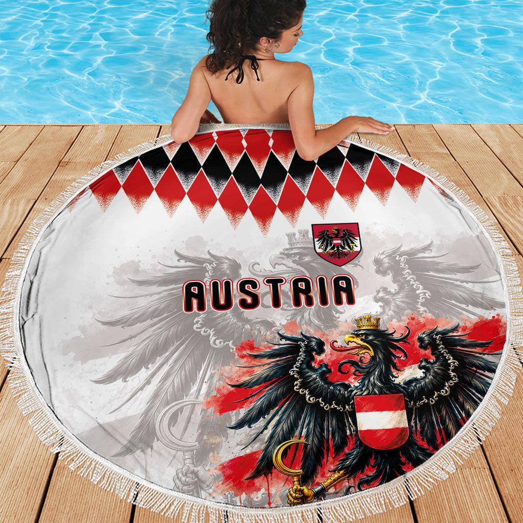 Austria National Football Beach Blanket Argyle Diamond Pattern with Eagle Watercolor Paint Splash Graphic Art