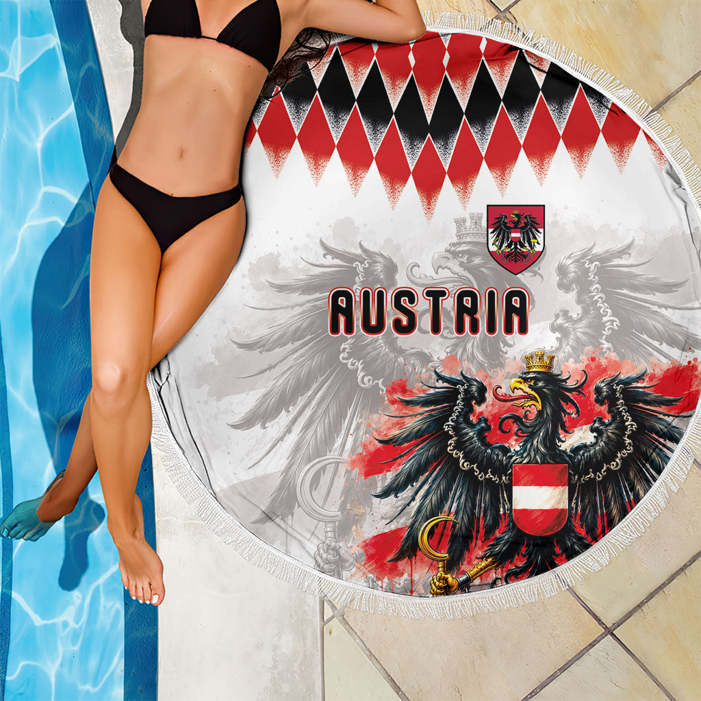 Austria National Football Beach Blanket Argyle Diamond Pattern with Eagle Watercolor Paint Splash Graphic Art