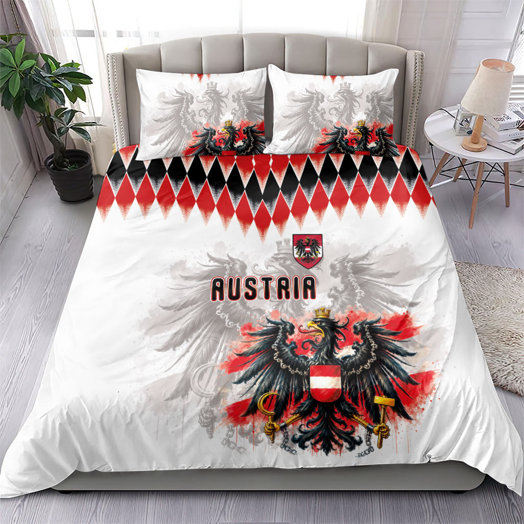 Austria National Football Bedding Set Argyle Diamond Pattern with Eagle Watercolor Paint Splash Graphic Art
