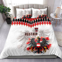 Austria National Football Bedding Set Argyle Diamond Pattern with Eagle Watercolor Paint Splash Graphic Art