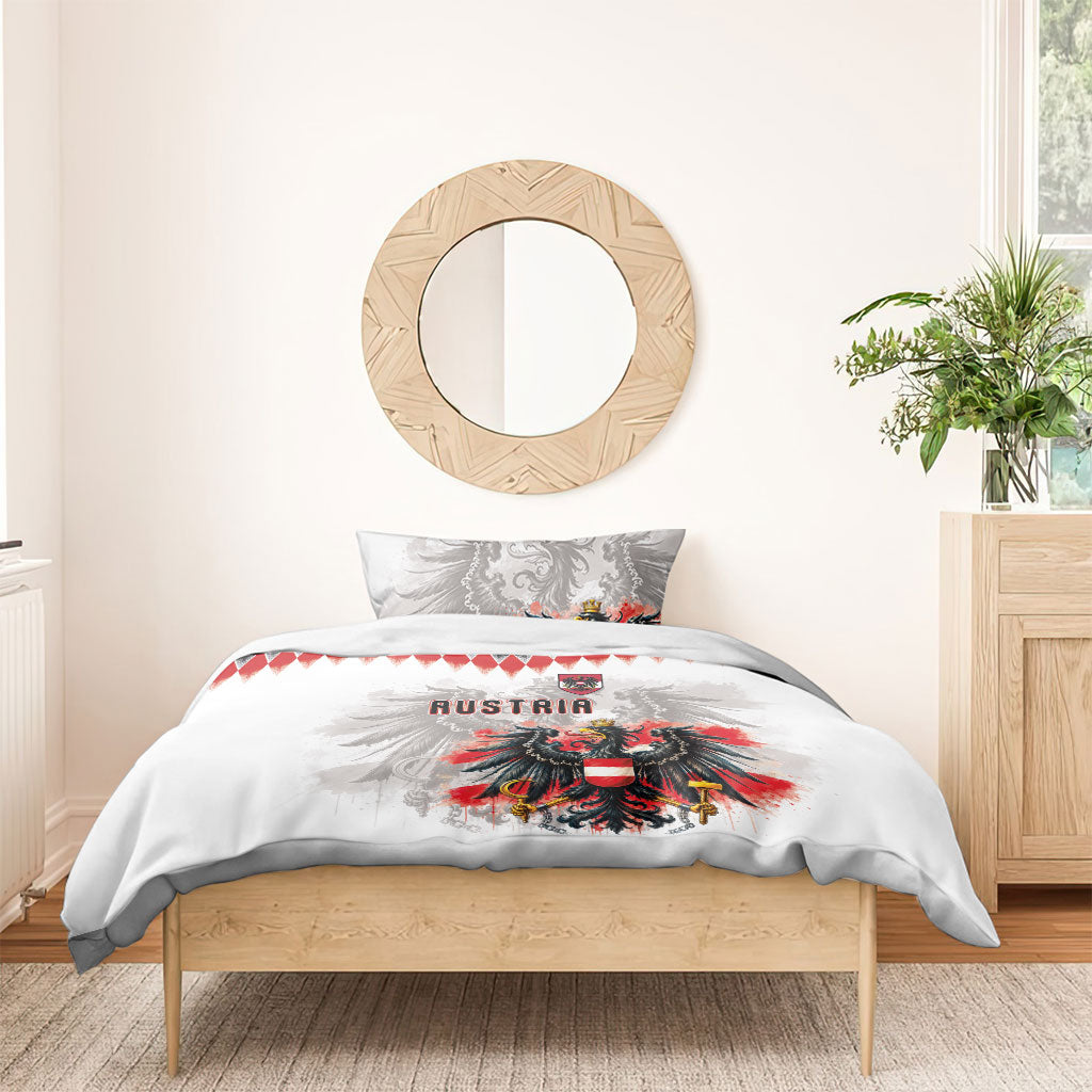 Austria National Football Bedding Set Argyle Diamond Pattern with Eagle Watercolor Paint Splash Graphic Art