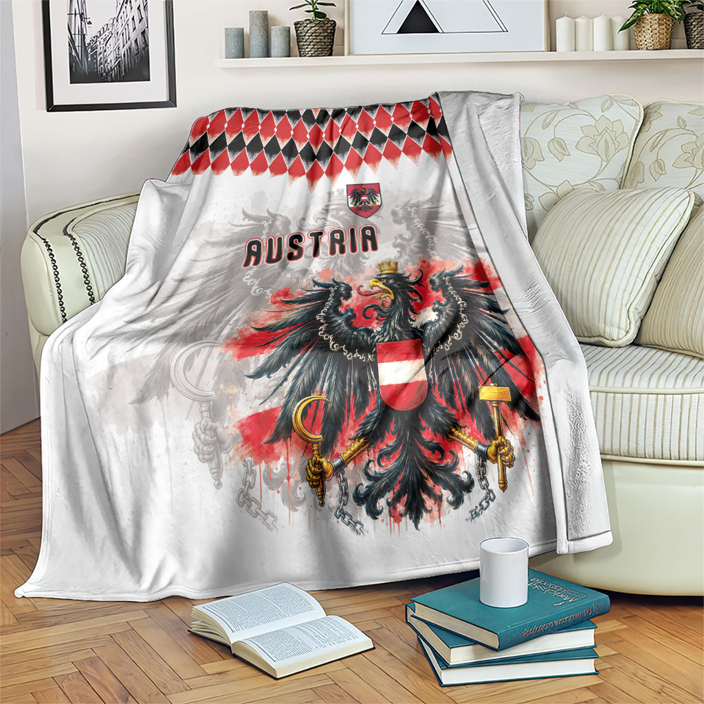 Austria National Football Blanket Argyle Diamond Pattern with Eagle Watercolor Paint Splash Graphic Art