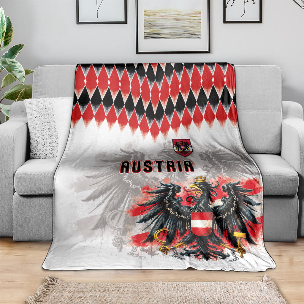 Austria National Football Blanket Argyle Diamond Pattern with Eagle Watercolor Paint Splash Graphic Art