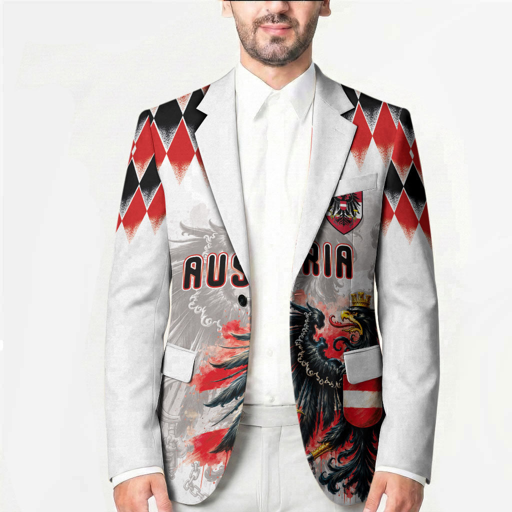 Custom Austria National Football Blazer Argyle Diamond Pattern with Eagle Watercolor Paint Splash Graphic Art