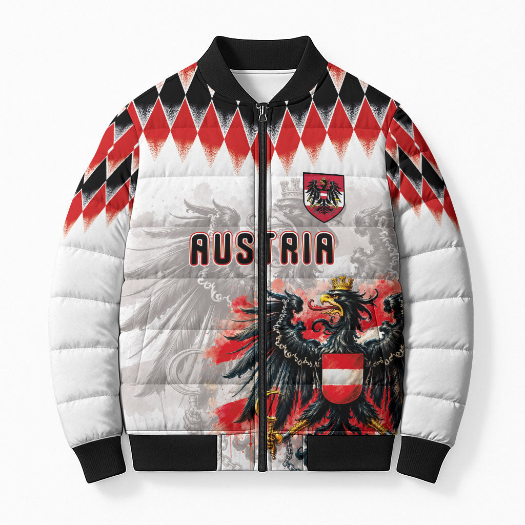 Custom Austria National Football Bomber Puffer Jacket Argyle Diamond Pattern with Eagle Watercolor Paint Splash Graphic Art