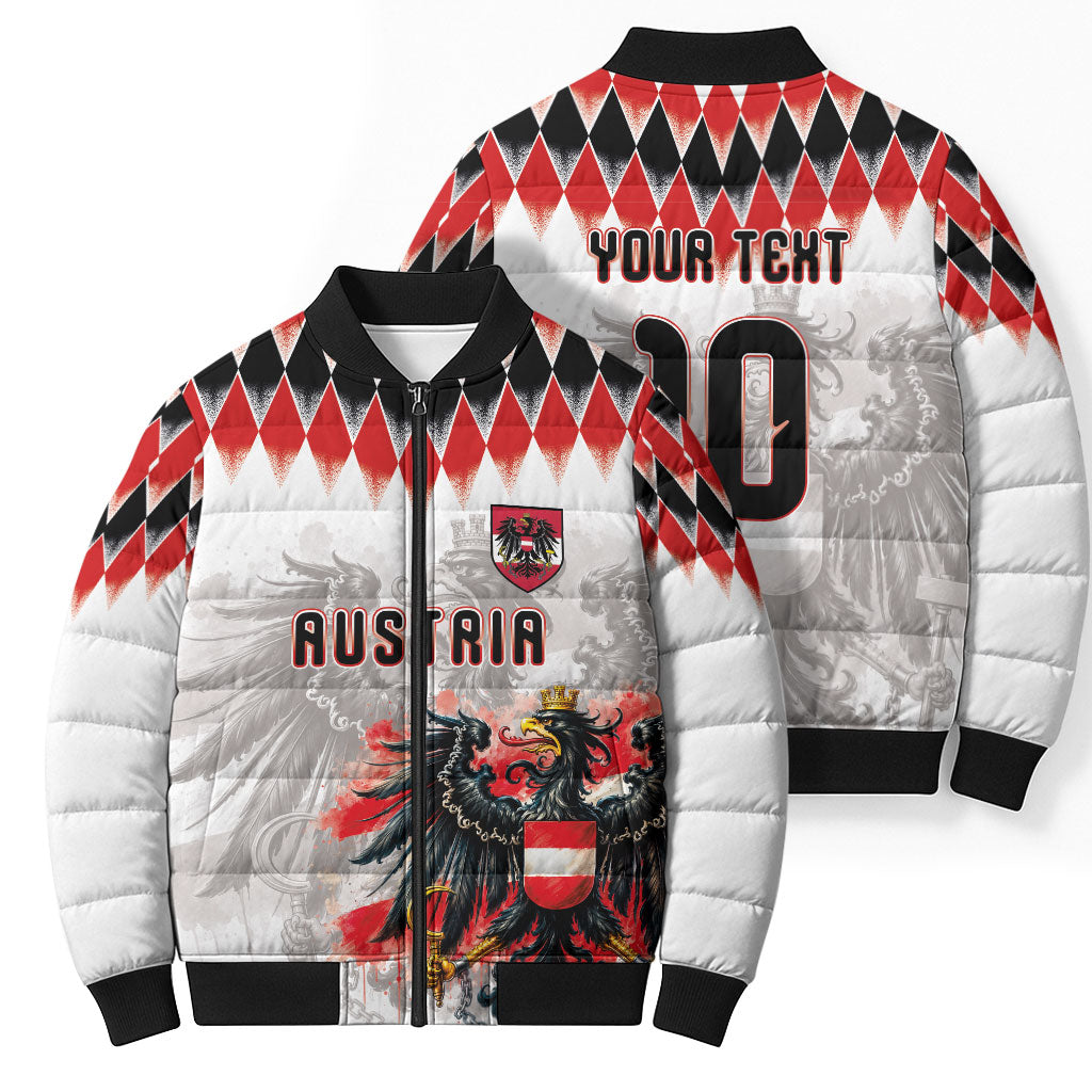 Custom Austria National Football Bomber Puffer Jacket Argyle Diamond Pattern with Eagle Watercolor Paint Splash Graphic Art