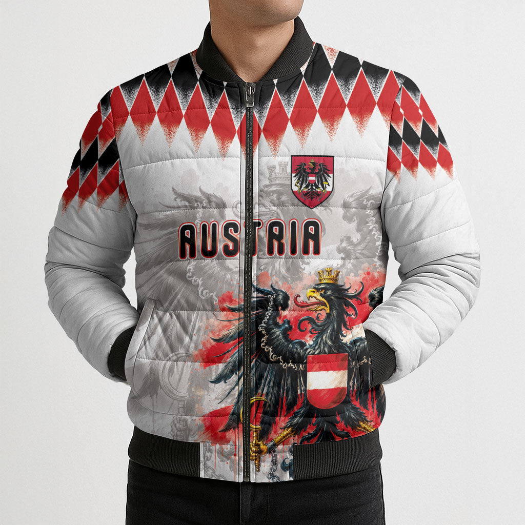 Custom Austria National Football Bomber Puffer Jacket Argyle Diamond Pattern with Eagle Watercolor Paint Splash Graphic Art