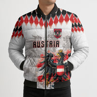 Custom Austria National Football Bomber Puffer Jacket Argyle Diamond Pattern with Eagle Watercolor Paint Splash Graphic Art