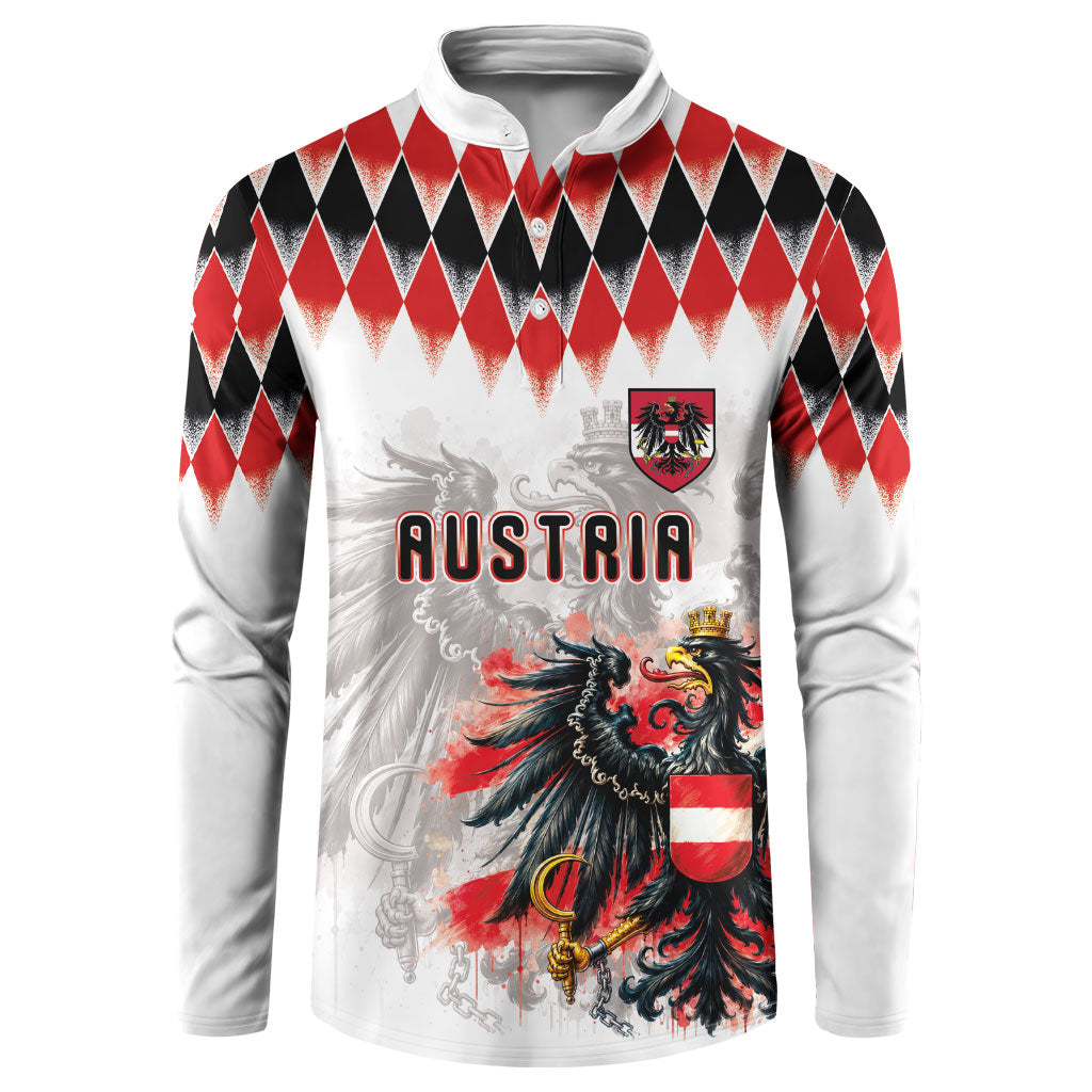 Custom Austria National Football Button Sweatshirt Argyle Diamond Pattern with Eagle Watercolor Paint Splash Graphic Art