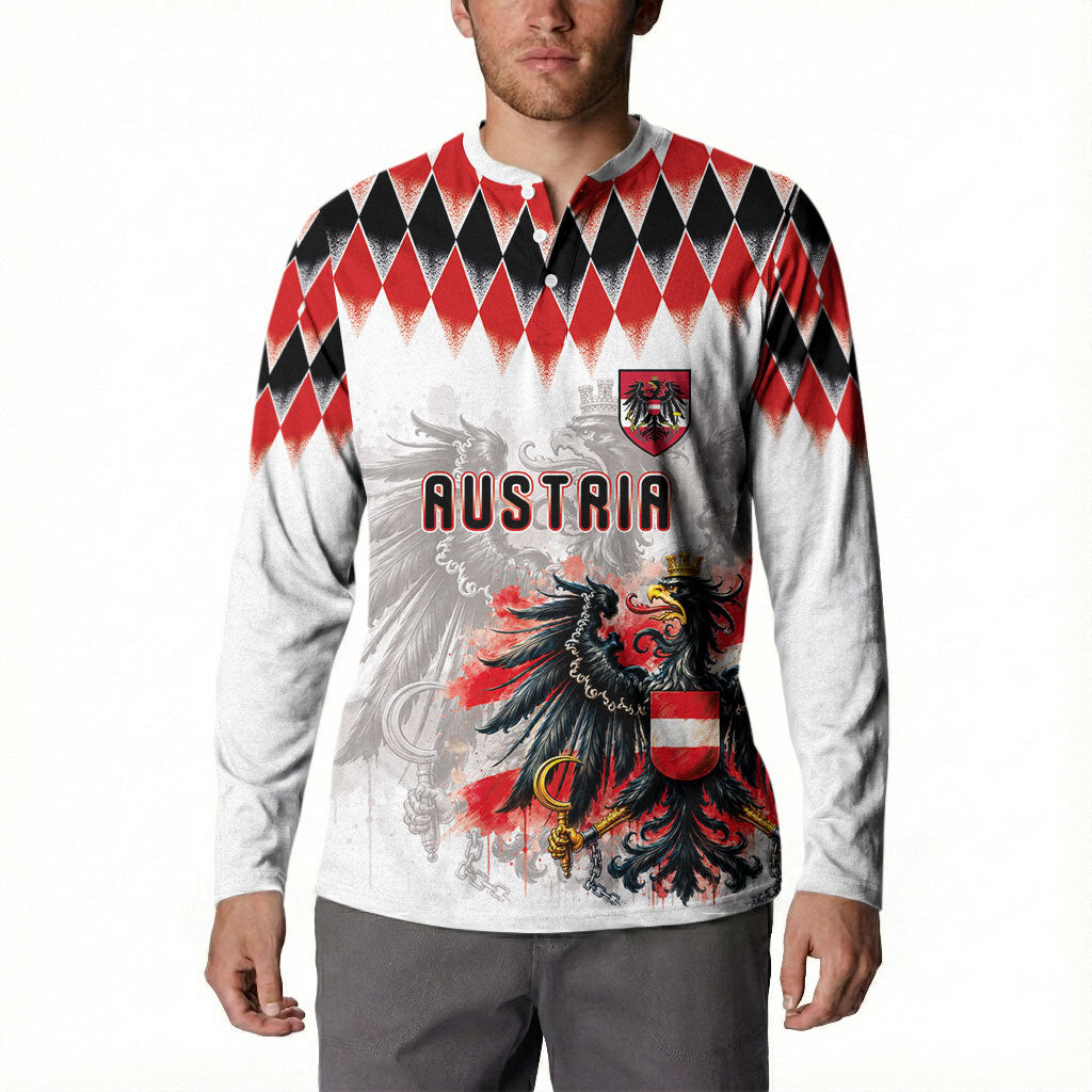 Custom Austria National Football Button Sweatshirt Argyle Diamond Pattern with Eagle Watercolor Paint Splash Graphic Art