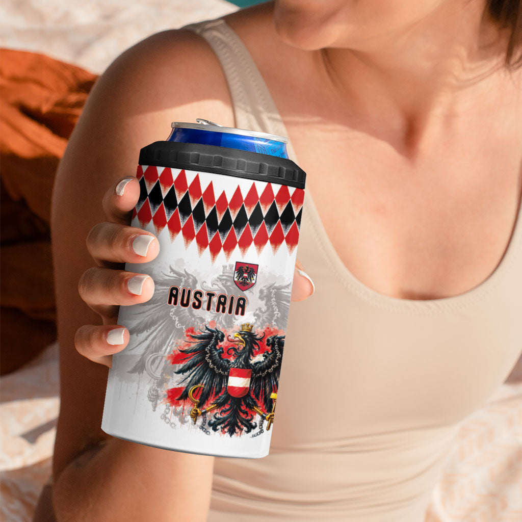 Custom Austria National Football 4 in 1 Can Cooler Tumbler Argyle Diamond Pattern with Eagle Watercolor Paint Splash Graphic Art