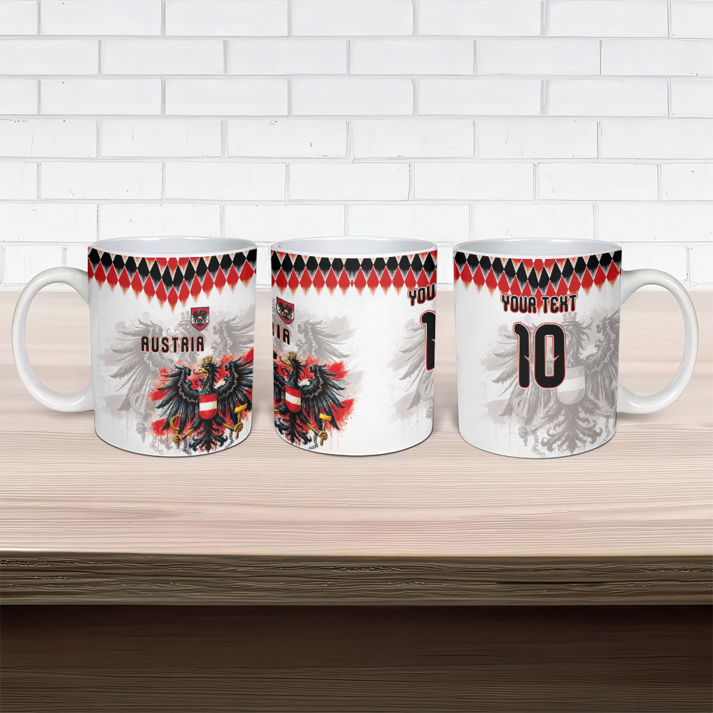 Custom Austria National Football Ceramic Mug Argyle Diamond Pattern with Eagle Watercolor Paint Splash Graphic Art