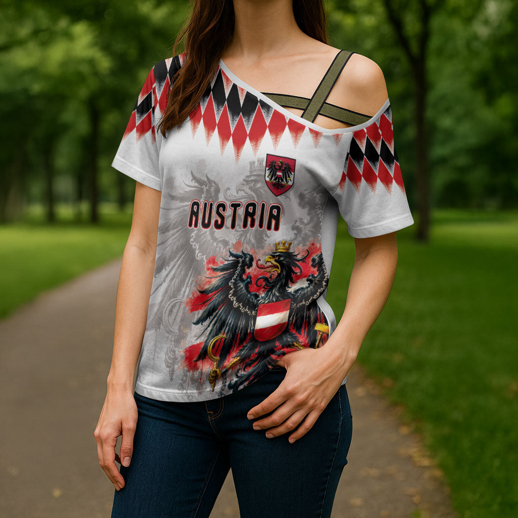 Custom Austria National Football Cross Shoulder Shirt Argyle Diamond Pattern with Eagle Watercolor Paint Splash Graphic Art