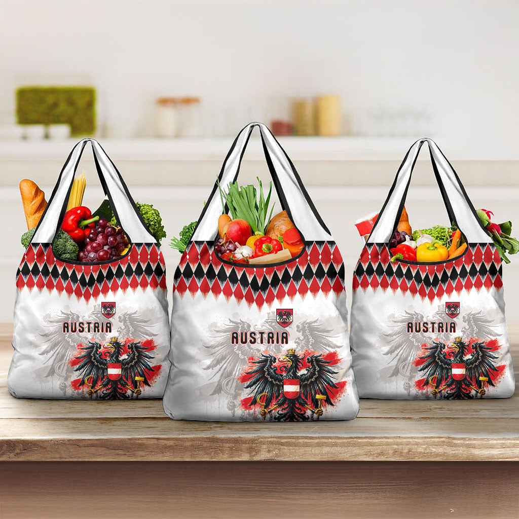 Austria National Football Grocery Bag Argyle Diamond Pattern with Eagle Watercolor Paint Splash Graphic Art