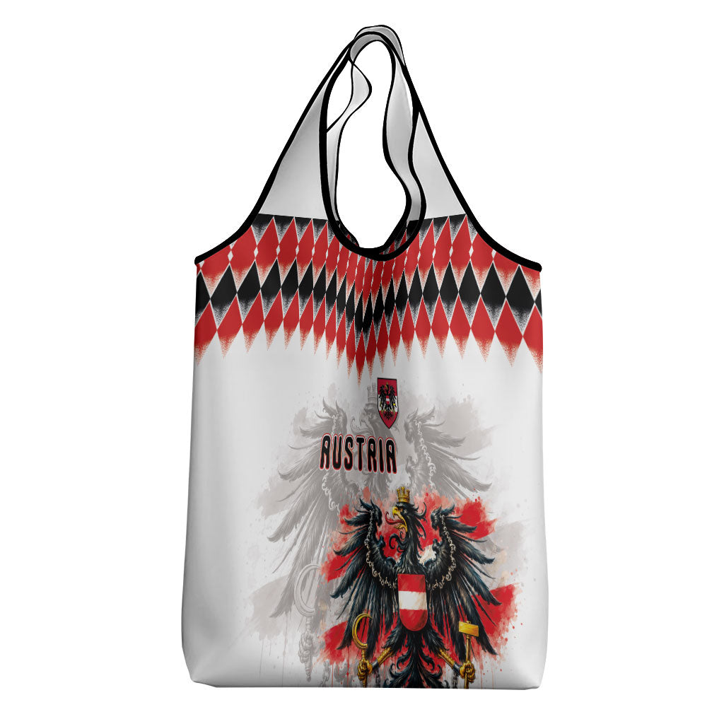 Austria National Football Grocery Bag Argyle Diamond Pattern with Eagle Watercolor Paint Splash Graphic Art